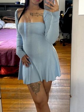 Windsor Light Blue Ribbed Square-Neck Mini Dress